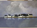 painting of a painting of a house on a small island in the middle of a body of water