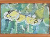une peinture à l'huile représentant un bateau jaune flottant sur l'océan