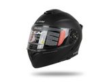 le casque est noir et comporte un étau transparent