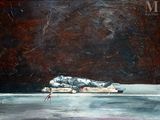 une peinture à l'huile représentant une personne sur un snowboard au milieu de la neige
