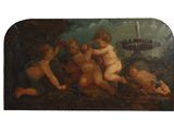 a painting of a group of babies playing with a fountain