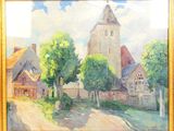painting of a church in a village with a road and trees