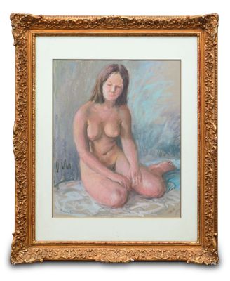 an image of a painting of a nude woman sitting on a bed
