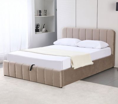 Lit coffre 140x190 velours taupe avec tête de lit + sommier … - Photo 1