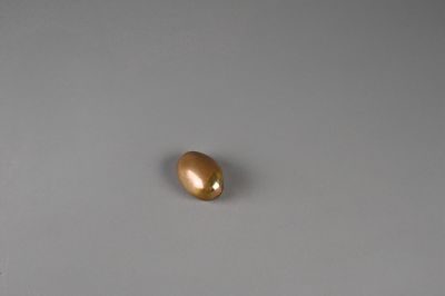 a close up of a golden egg on a gray surface