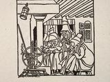 drawing of a man and woman sitting in a room with a spinning machine