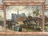 tableau représentant une vue de ville avec un pont en arrière-plan