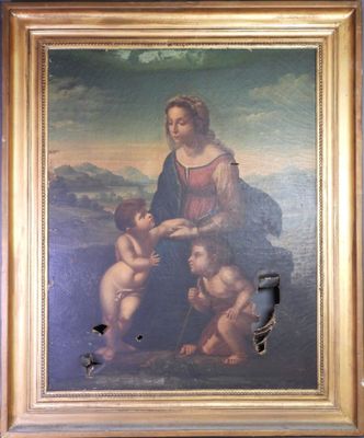 une peinture ancienne représentant une femme tenant un enfant sur ses genoux