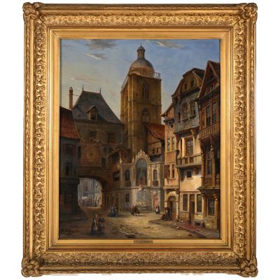 une peinture à l'huile représentant une scène de rue avec une église à l'arrière-plan