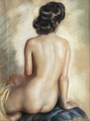 painting of a nude woman sitting on top of a blue cushion