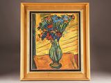a painting of flowers in a vase on a table