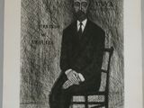 dessin représentant un homme en costume assis sur une chaise, avec un oiseau sur l'épaule