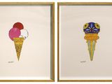 two framed pictures of ice cream cones with different designs on them