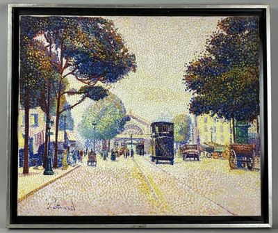 painting of a street scene with a trolley and cars on the road