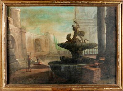 une peinture à l'huile représentant une fontaine dans une cour, avec un homme et un chien au premier plan