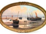 a picture of a painting of boats on the beach