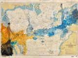 an old map of a large body of water with yellow and blue colors
