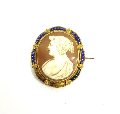 une image représentant une femme portant une broche bleue et dorée