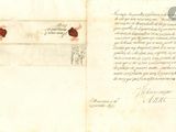 un vieux document comportant des inscriptions et un cachet