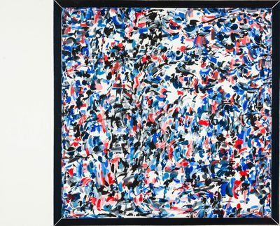 an abstract painting of blue, red, and white paint on a white wall