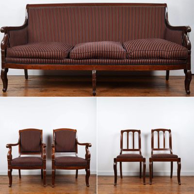 four different views of a set of four chairs and a couch