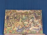 a painting on the wall of a room with blue walls