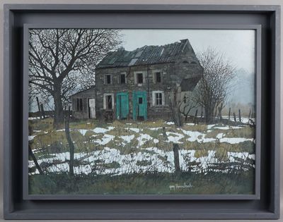 painting of an old house in a field with snow on the ground