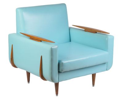 blue leather lounge chair with wooden legs and armrests on a white background