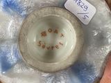 someone is holding a white and blue bowl with writing on it