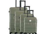 three pieces of luggage sitting on top of each other on a white surface