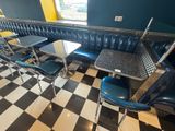a black and white checkered floor in a restaurant