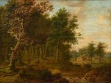 une image représentant un tableau représentant un paysage boisé avec des vaches qui paissent