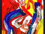 a painting of a man in a red shirt and blue pants