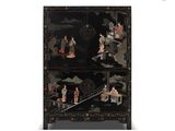 an image of a black cabinet with a painting of people on it