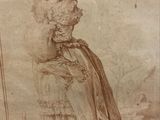 an old drawing of a woman in a dress and hat with a cane