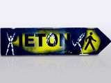 a blue and yellow street sign with a man walking on it