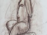 dessin représentant une femme nue assise sur une chaise, les mains sur les hanches