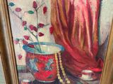 painting of a still life of a vase with flowers in it