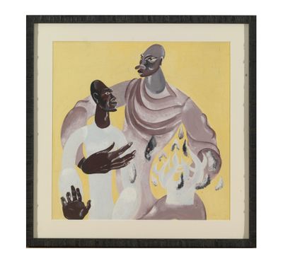 une peinture représentant un homme et une femme debout l'un à côté de l'autre