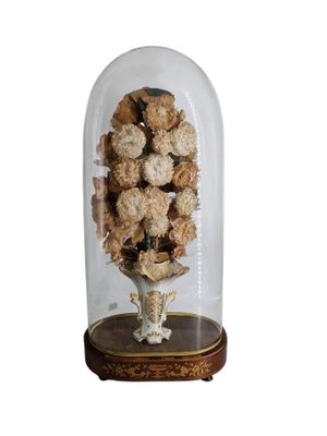 a glass cloche with a bunch of teddy bears in it