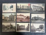 several old postcards of old buildings and buildings on a black surface