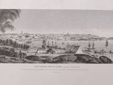 an old picture of a view of a city with boats in the water