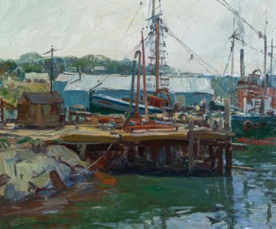 un tableau représentant un bateau amarré à un quai
