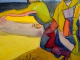 a painting of a man carrying a surfboard on a beach