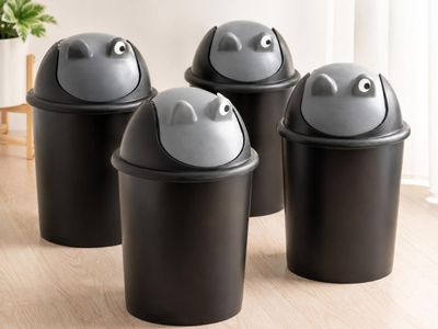 three black and gray trash cans with eyes on them