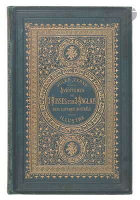 a blue book with gold writing on the cover of it
