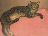 painting of a cat laying on a pink cushion with its eyes closed