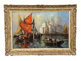 une peinture à l'huile représentant des bateaux dans un port, avec un bâtiment blanc en arrière-plan