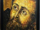 une peinture à l'huile représentant un homme barbu, dans un cadre noir