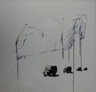 un dessin en noir et blanc représentant un camion et quelques arbres